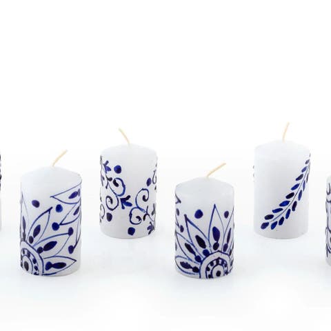 Henna Blue on White Painted Voltive Candles - Set of 6