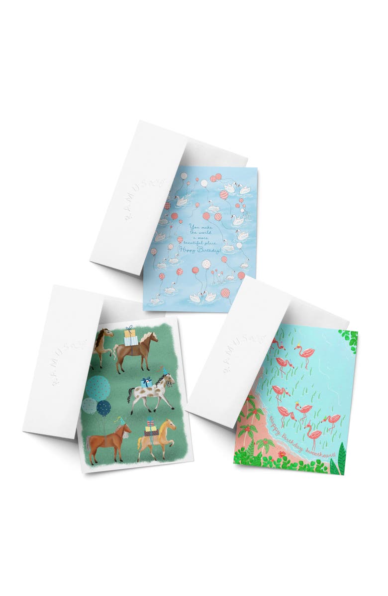 Ramus & Co Birthday Greeting Card Pack Sets (3 ct, Assorted) Horse Party, Swans, Flamingo Party, Main, color, Multi-Pack
