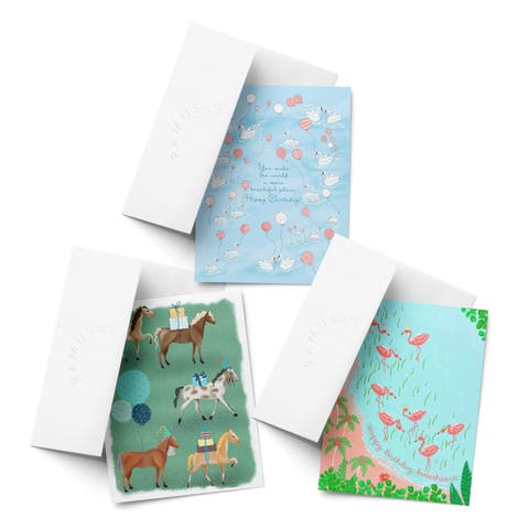 Birthday Greeting Card Pack Sets (3 ct, Assorted) Horse Party, Swans, Flamingo Party