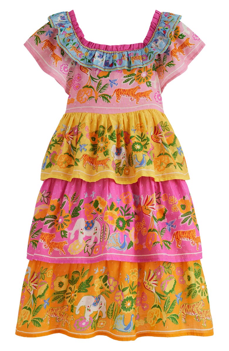 Mini Boden Kids' Tiered Ruffled Woven Dress, Main, color, Sunflower Yellow Jungle Animal