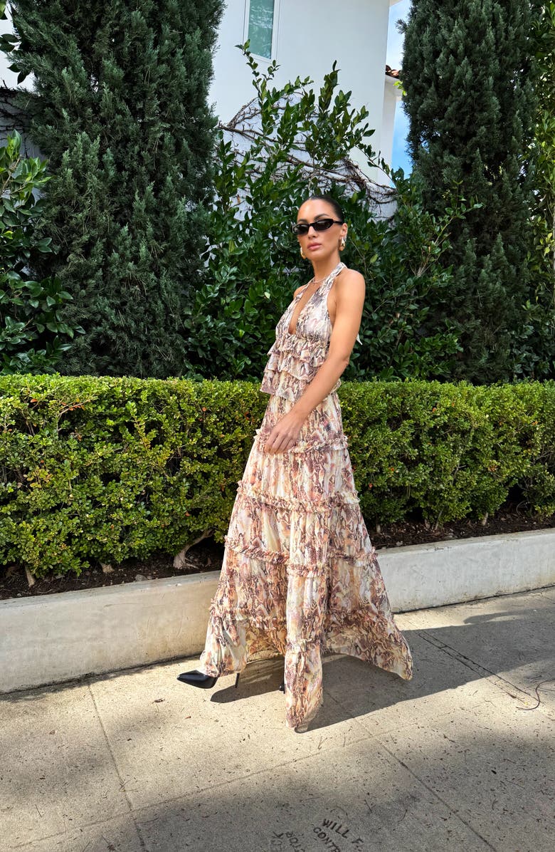 AFRM Sabina Snakeskin Print Tiered Maxi Skirt, Alternate, color, Shine Snake