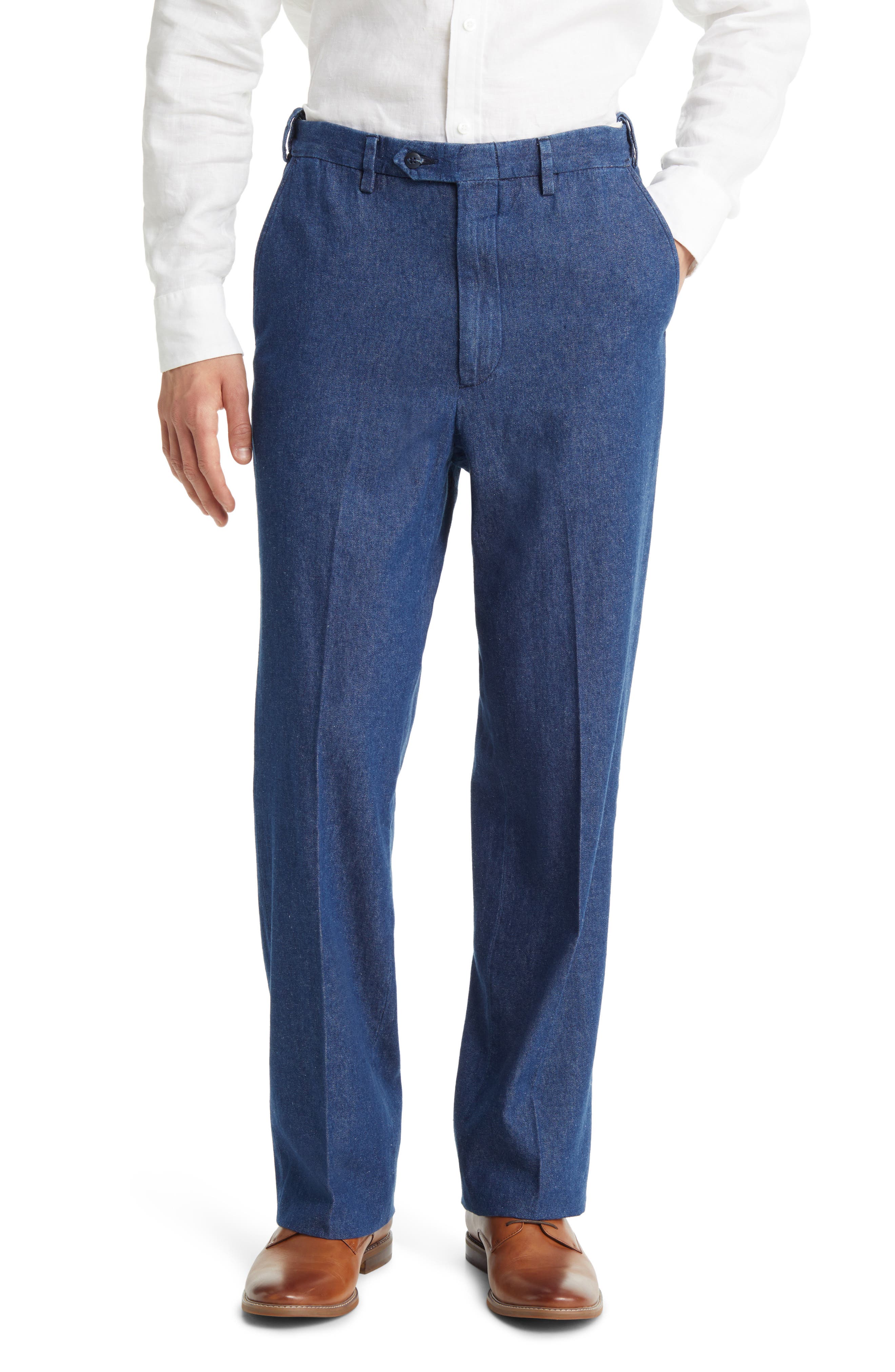 Pleated Self Sizer Waist Flat Front Denim Trousers