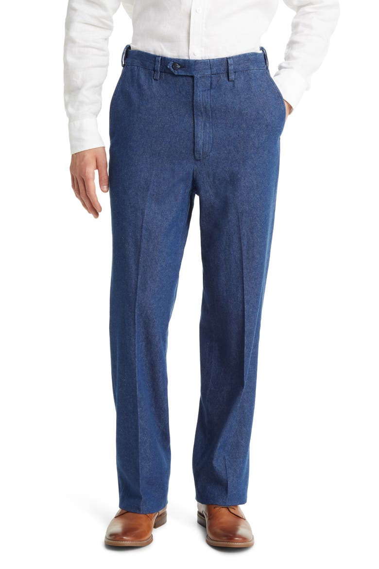 Pleated Self Sizer Waist Flat Front Denim Trousers, Main, color, NAVY