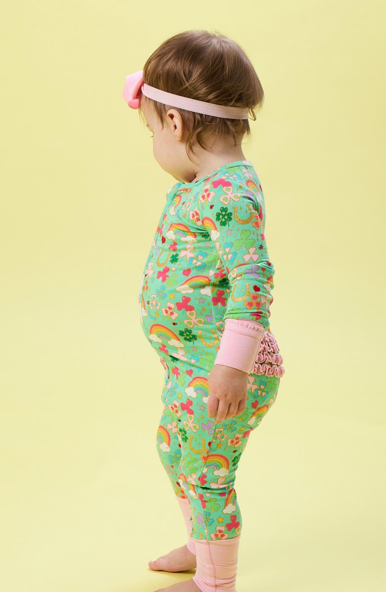 RuffleButts Lucky Day Print Ruffle Convertible Romper, Alternate, color, Green