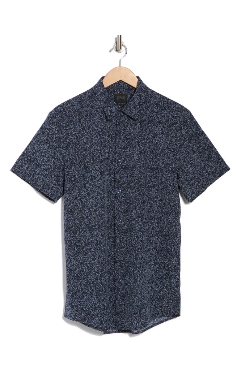 14th & Union Floral Print Short Sleeve Performance Button-Up Shirt, Alternate, color, Navy Blazer Floral Texture
