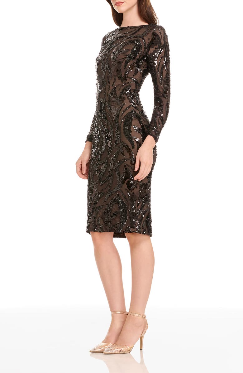 Dress the Population Emmalyn Sequin Detail Long Sleeve Cocktail Midi Dress, Alternate, color, Black/ Beige