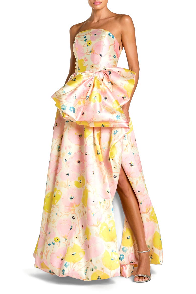 Mikado Strapless Bubble Hem Ballgown With Bow, Main, color, Pink Multi