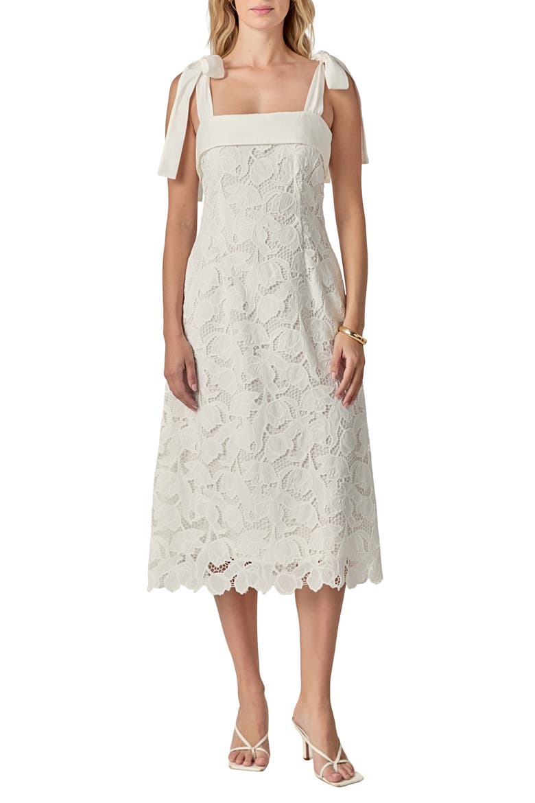 Tie Strap Lace Midi Dress, Main, color, WHITE