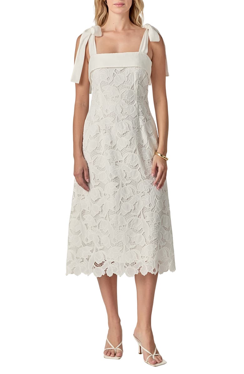 English Factory Tie Strap Lace Midi Dress, Main, color, White