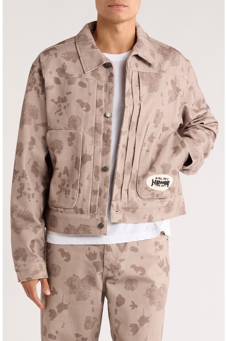 Tonal Floral Twill Trucker Jacket, Main, color, PEBBLE