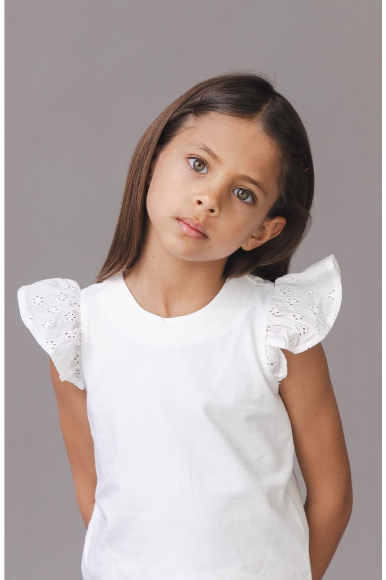 Kids' Organic Knit Top with Eyelet Flutter Sleeves, Alternate, color, White with Eyelet