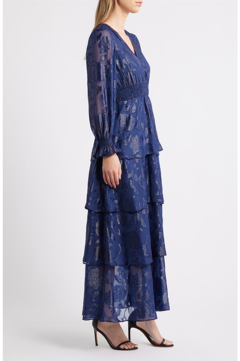 Metallic Floral Long Sleeve Tiered Dress, Alternate, color, DISTANT MOUNTAIN