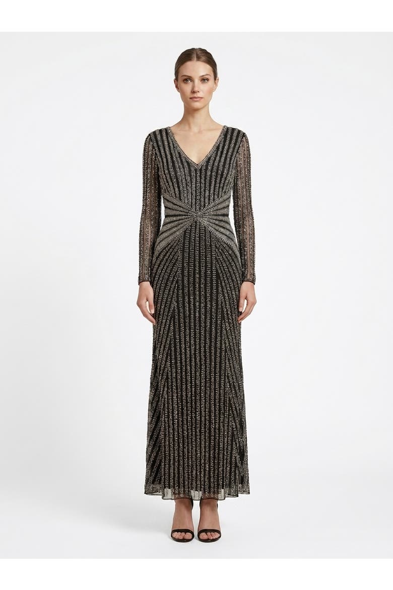 Long Sleeve Beaded Gown, Alternate, color, Black Silver