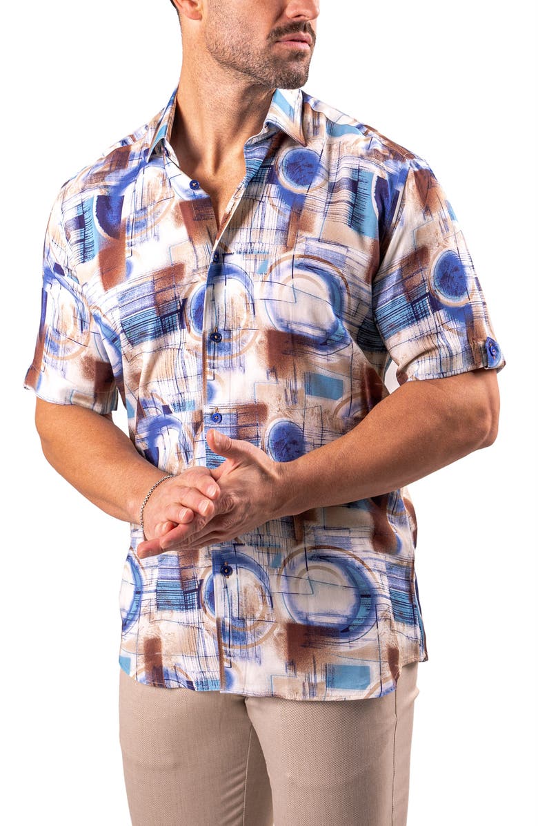 Maceoo Galileo Resistance Abstract Print Short Sleeve Button-Up Shirt, Alternate, color, Brown