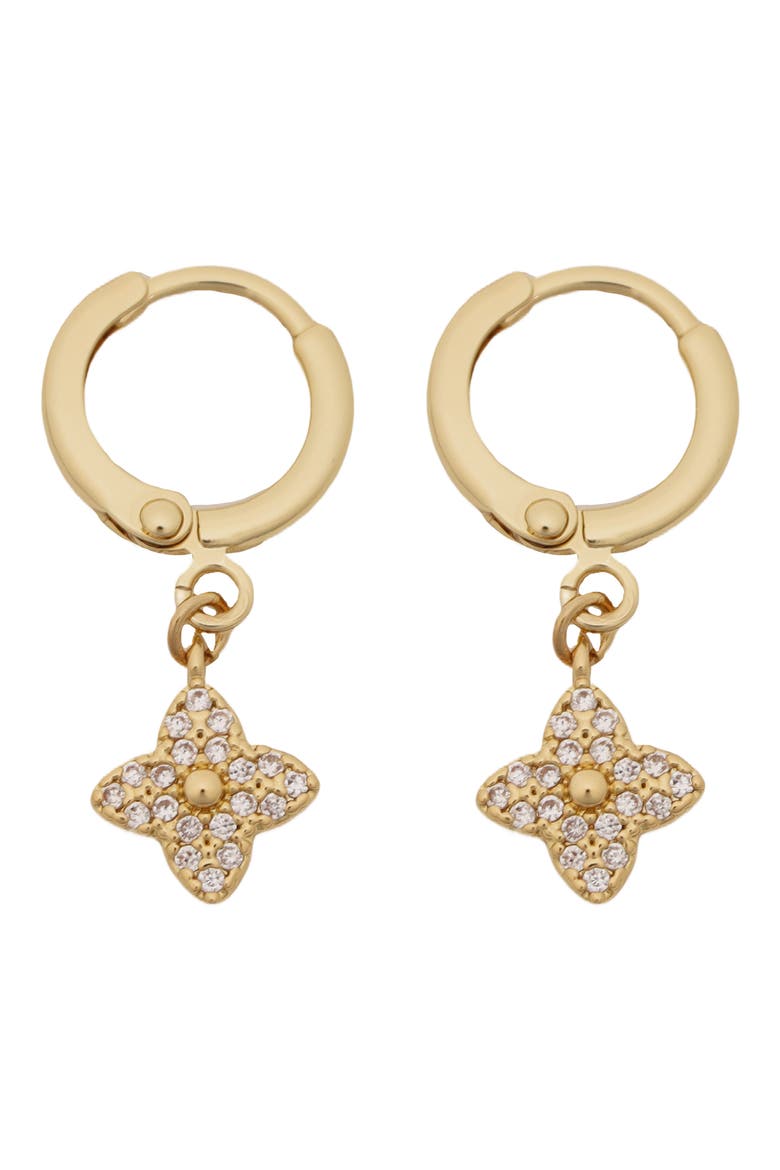 Crystal Clover Drop Huggie Hoop Earrings, Main, color, GOLD