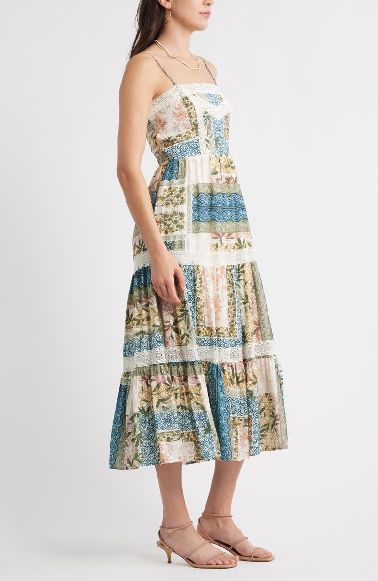 Chelsea28 Lace Inset Patchwork Midi Dress, Alternate, color, Blue Print Mix