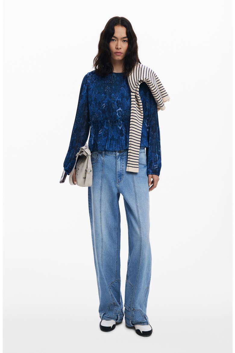 Pleated Floral Print Shirt, Alternate, color, DARK BLUE