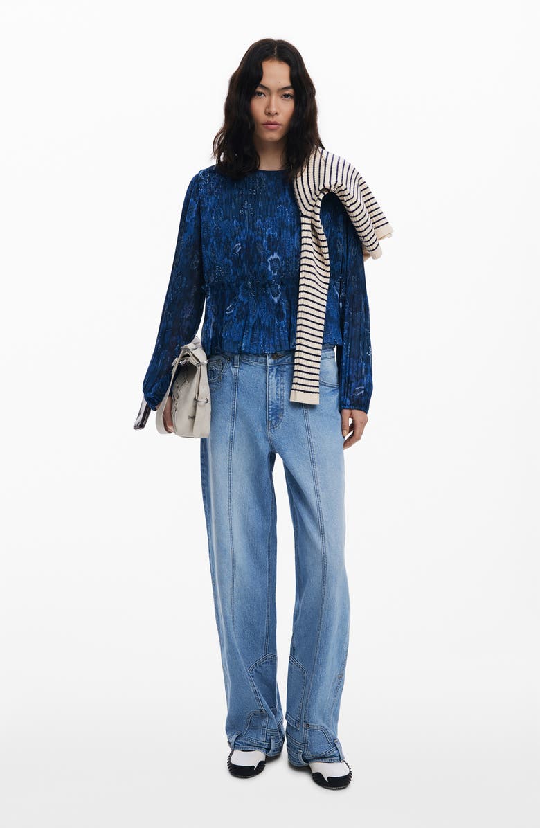 Desigual Pleated Floral Print Shirt, Alternate, color, Dark Blue