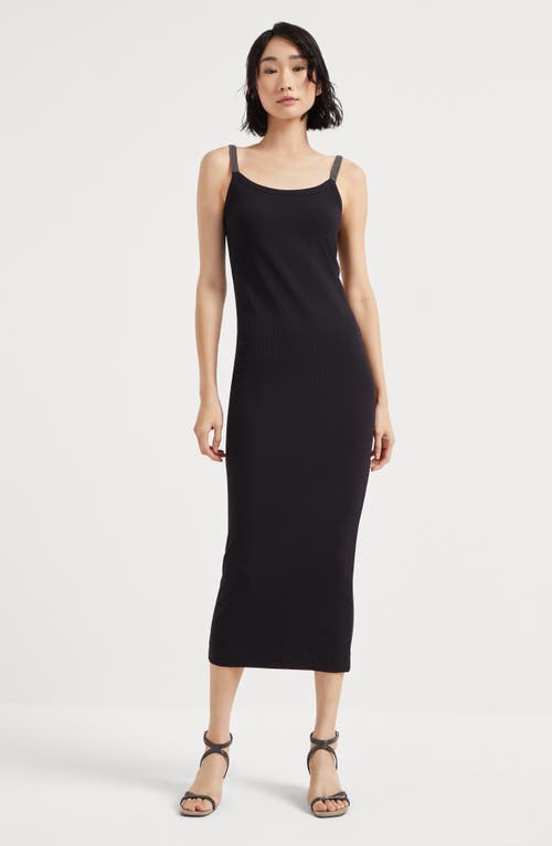 Brunello Cucinelli Black Sleeveless Dress With Monil Detail On The Shoulder Straps In Black
