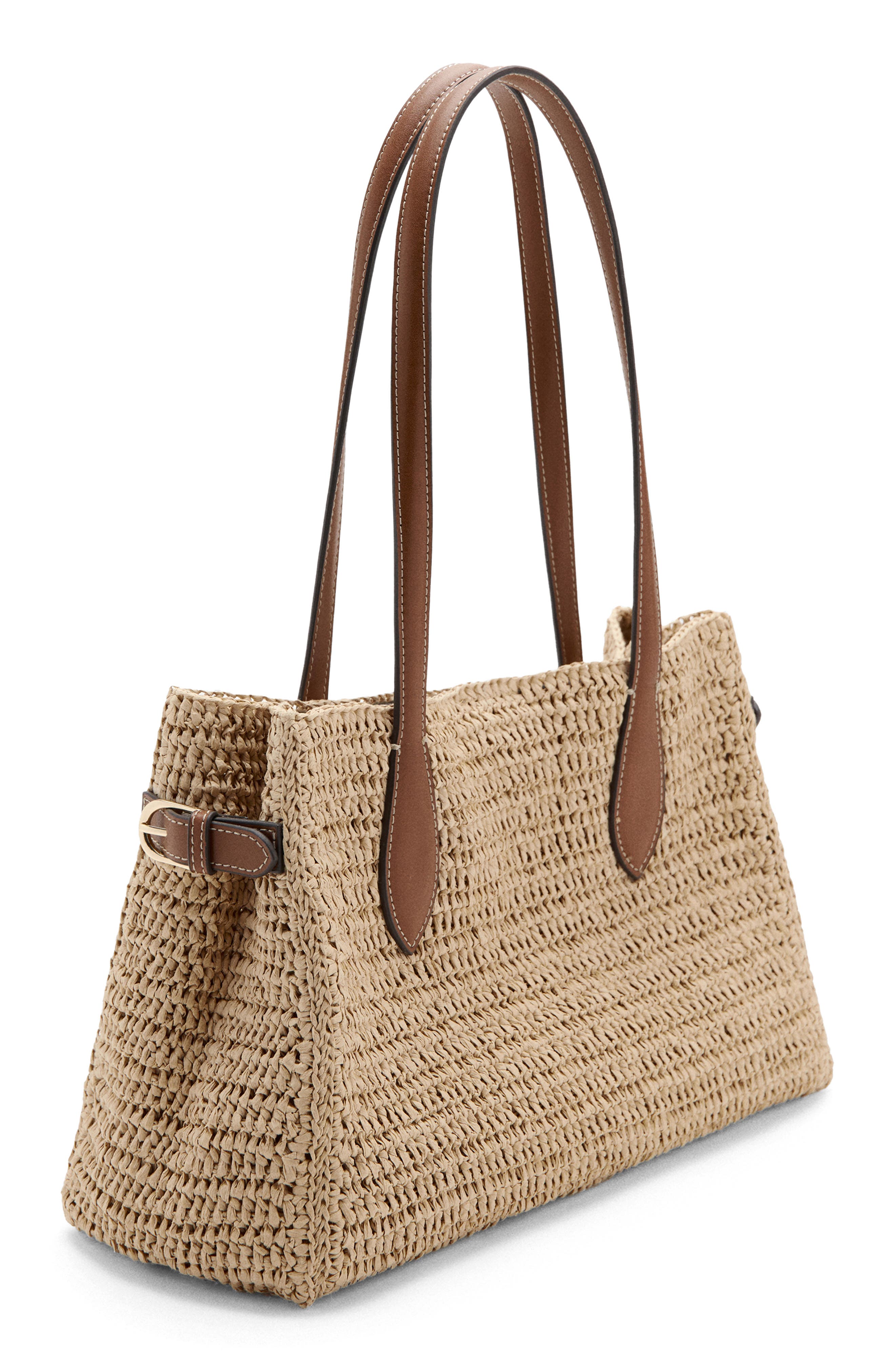 MANGO Natural Fiber City Shoulder Bag, Alternate, color, Leather