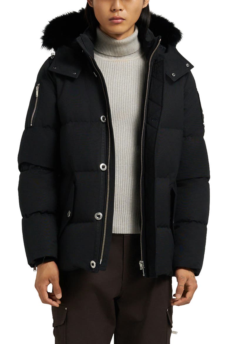 Original 3Q Genuine Shearling Trim Water Resistant & Wind Resistant Down Puffer Jacket, Main, color, BLK WBLK S