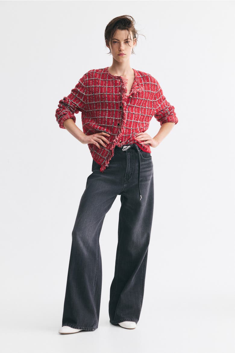 Frayed Jacquard-Knit Cardigan, Alternate, color, Red/patterned