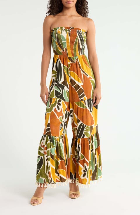 Reina Print Smocked Strapless Jumpsuit