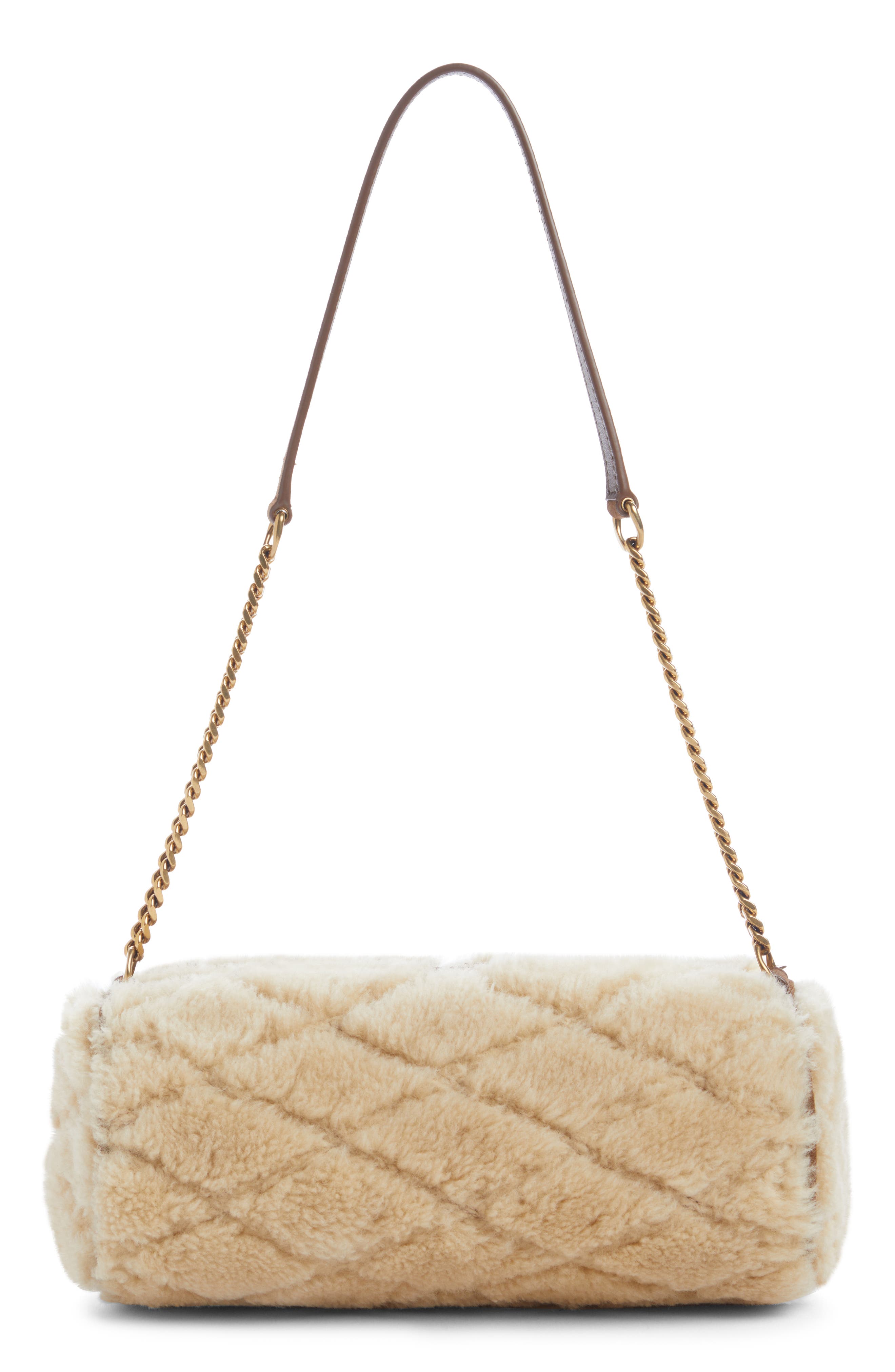 Saint Laurent Small Sade Quilted Genuine Shearling Tube Bag, Alternate, color, Natural Beige/ Dark Cigar