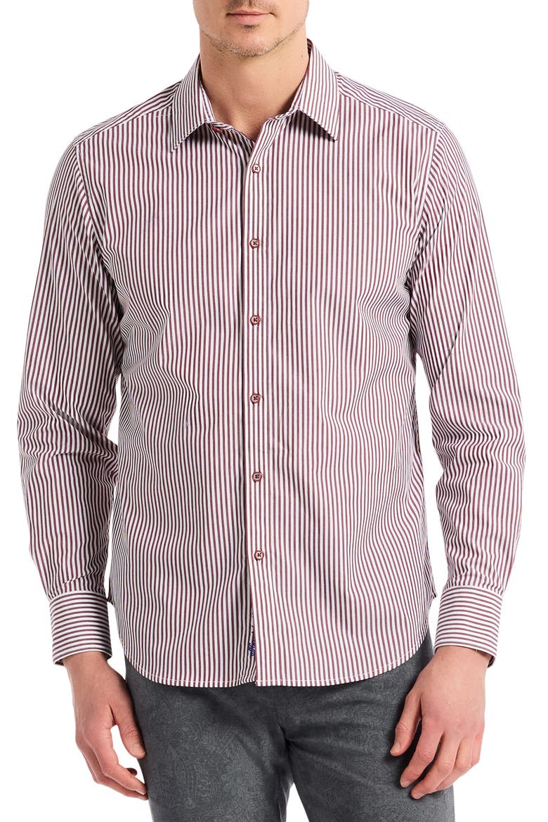 Greenwich Stripe Stretch Button-Up Shirt, Main, color, BURGUNDY