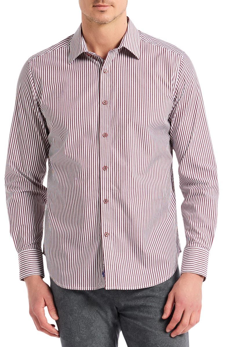 Robert Graham Greenwich Stripe Stretch Button-Up Shirt, Main, color, Burgundy