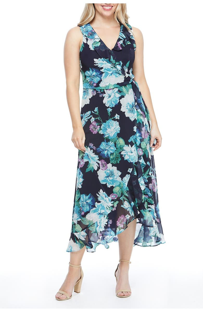 London Times Floral Print Ruffle Hem Chiffon Maxi Dress, Alternate, color,