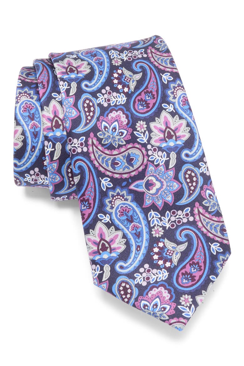 Paisley Floral Silk Tie, Main, color, NAVY/ PURPLE