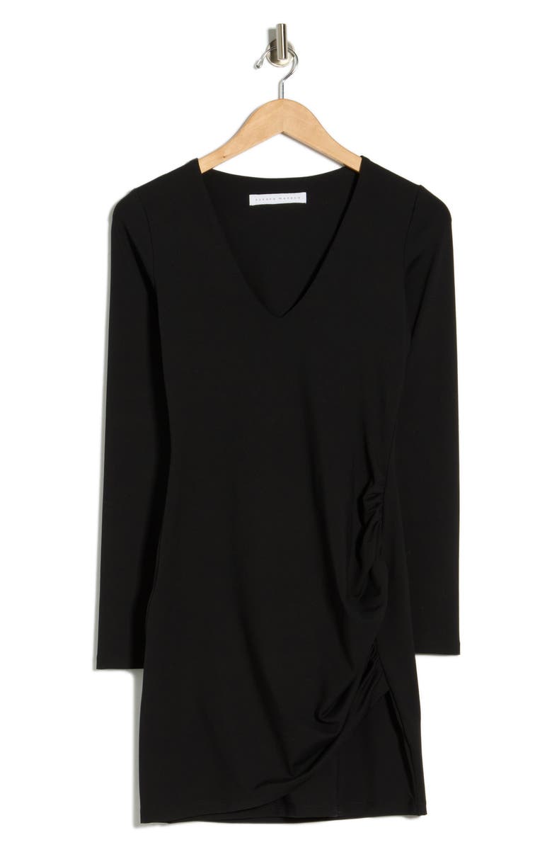 Susana Monaco Deep V Long Sleeve Faux Wrap Dress, Alternate, color, Black