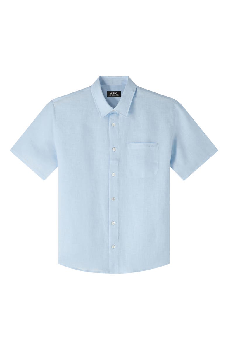 A.P.C. Bellini Logo Embroidered Short Sleeve Linen Button-Up Shirt, Alternate, color, Iab Light Blue