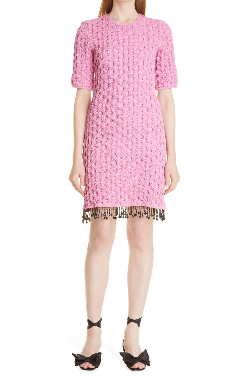 Ganni Smocked Satin Short Sleeve Dress, Main, color, 