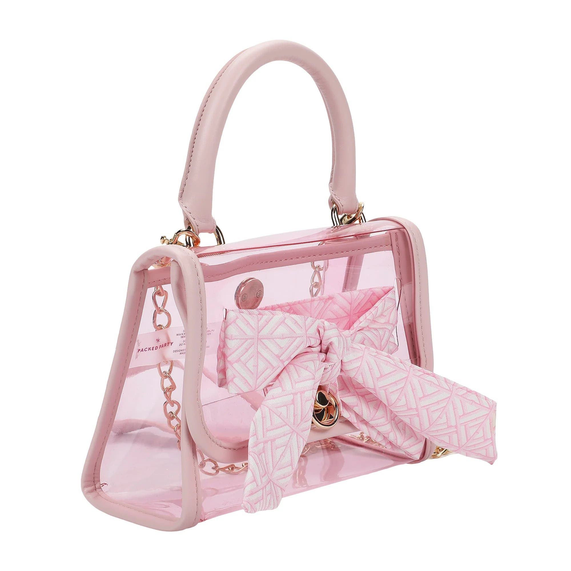 Clear Mini Crossbody Bag - Pink Trim with Gold Chain Strap, Removable Satin Bow Scarf, Top Handle, 7x3.5x5 Inch, Alternate, color, Pink