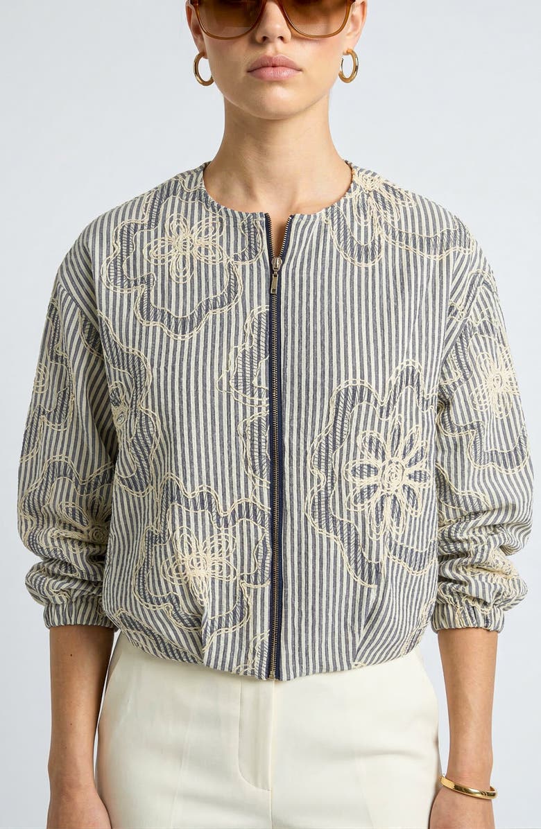 Knit & Lounge Long Sleeve Cropped Jacket with Zip Front and Embroidered Stripe Pattern, Alternate, color, Striped