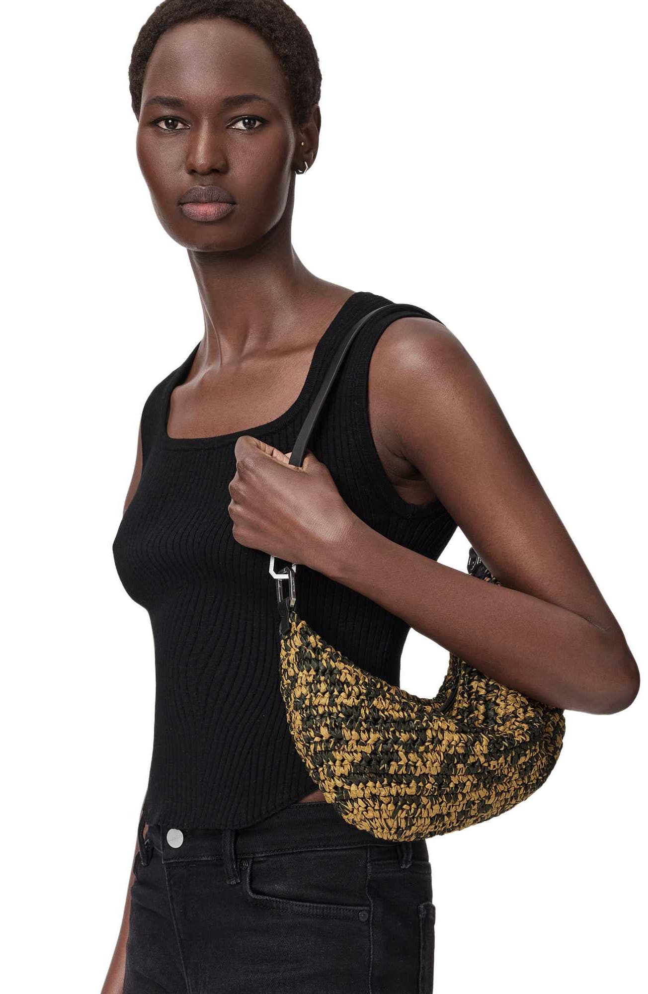Micro Luna Raffia Shoulder Bag, Alternate, color, BISCUIT/ BLACK