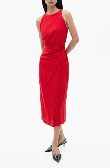 Mango Bow Waist Linen Blend Midi Dress In Red