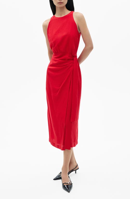 MANGO MANGO BOW WAIST LINEN BLEND MIDI DRESS