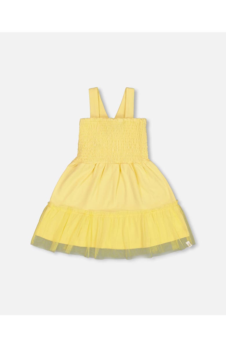 Deux par Deux Girl's Smocked Organic Cotton Dress With Mesh Frill Yellow, Main, color, 
