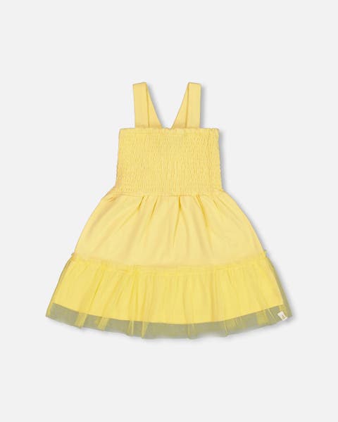 Girl's Smocked Organic Cotton Dress With Mesh Frill Yellow
