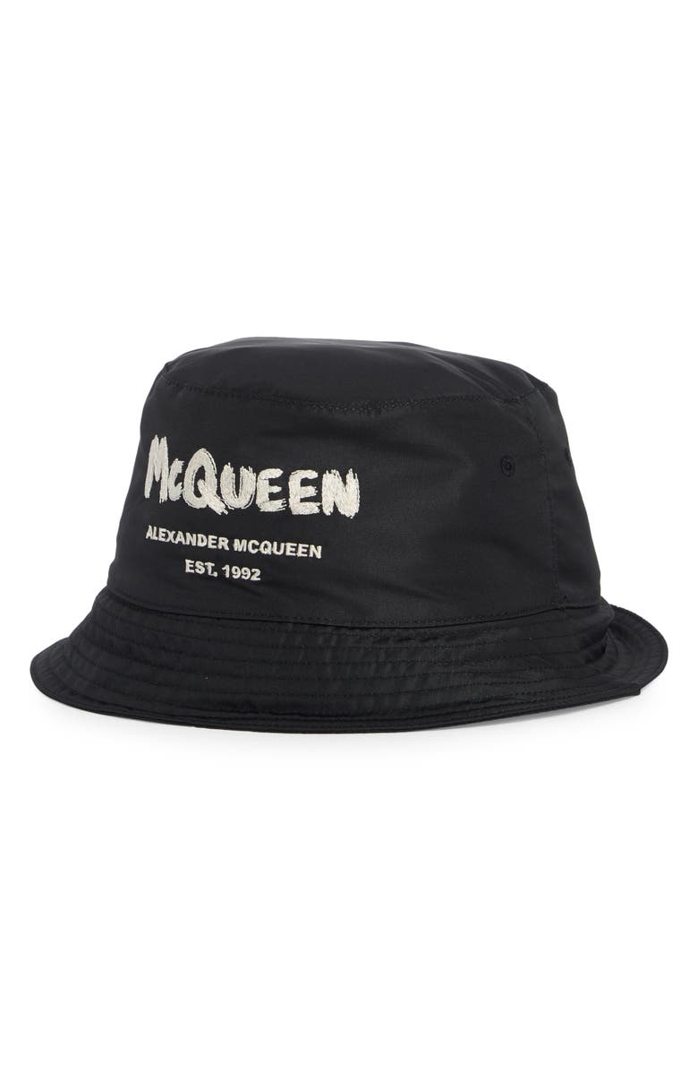 McQueen AMQ Graffiti Embroidered Bucket Hat, Main, color, Black/ Ivory