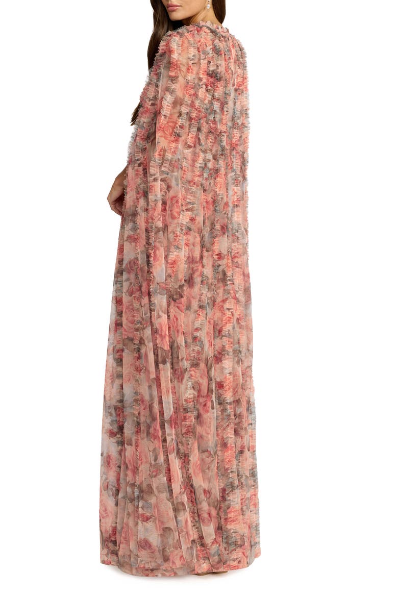 Floral Mesh High Neck Cape Sleeve Ruffle Gown, Alternate, color, Cream Multi