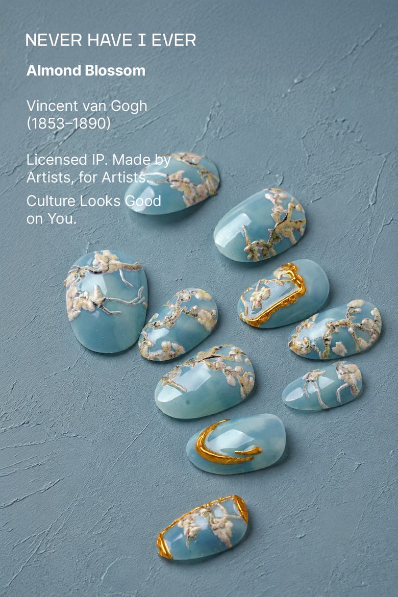 Van Gogh Almond Blossom Short Oval Press On Nails, Alternate, color, Blue