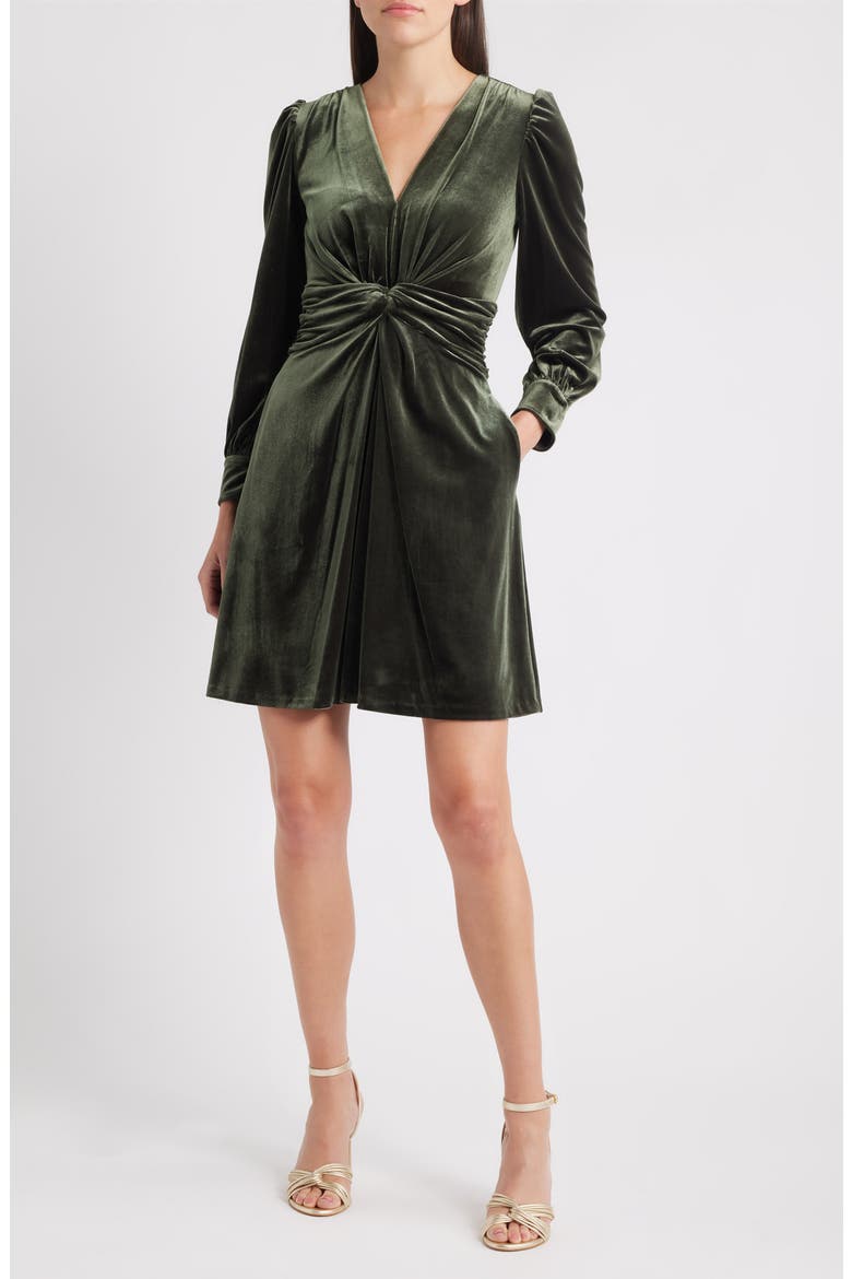 Twist Front Long Sleeve Velvet Fit & Flare Dress, Main, color, OLIVE