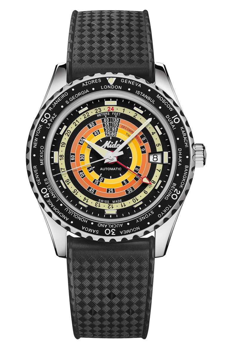 Ocean Star Decompression Worldtimer Bracelet Watch & Rubber Strap Gift Set, 40.5mm, Alternate, color, BLACK