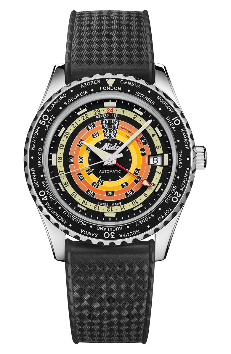 MIDO Ocean Star Decompression Worldtimer Bracelet Watch & Rubber Strap Gift Set, 40.5mm, Alternate, color, Black