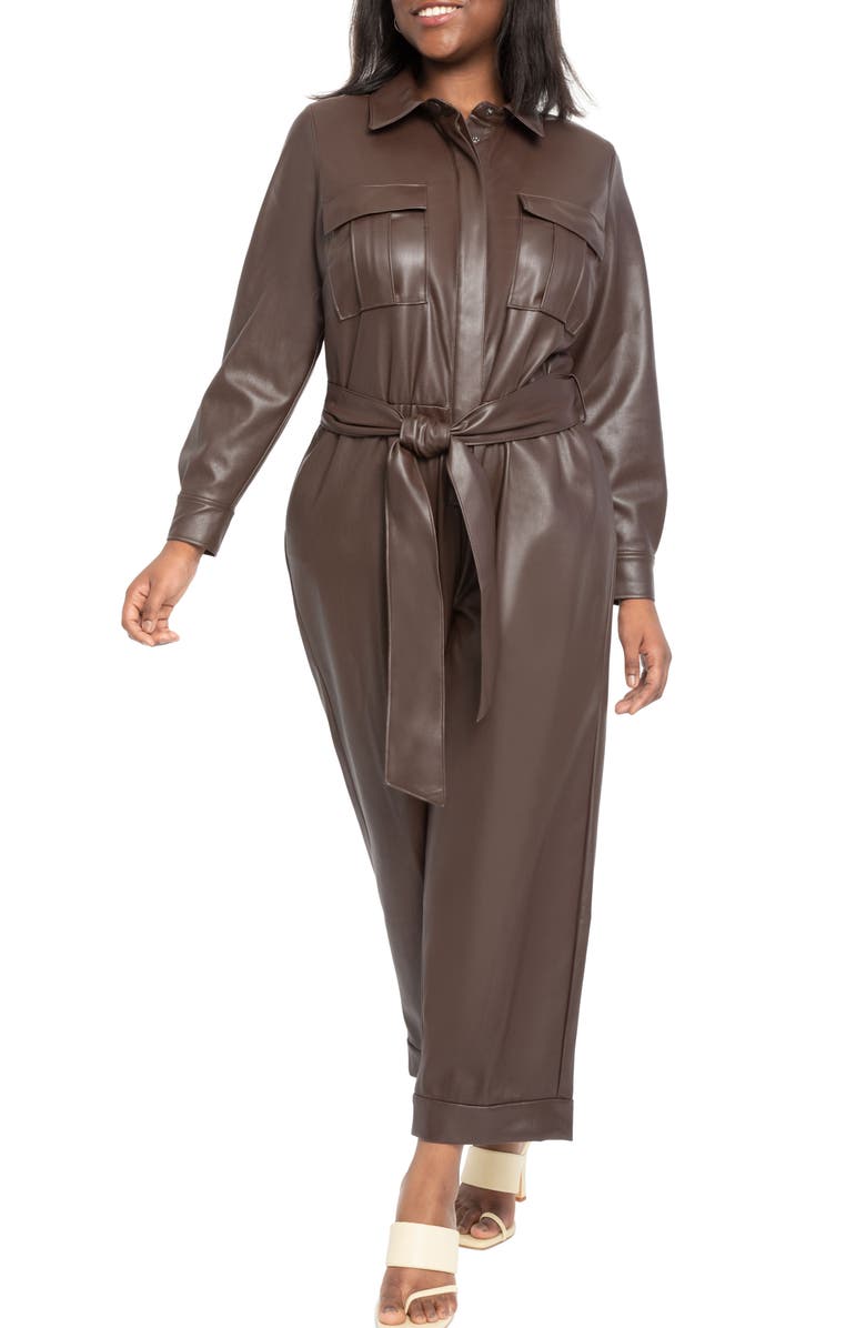 ELOQUII Belted Faux Leather Crop Jumpsuit, Main, color,