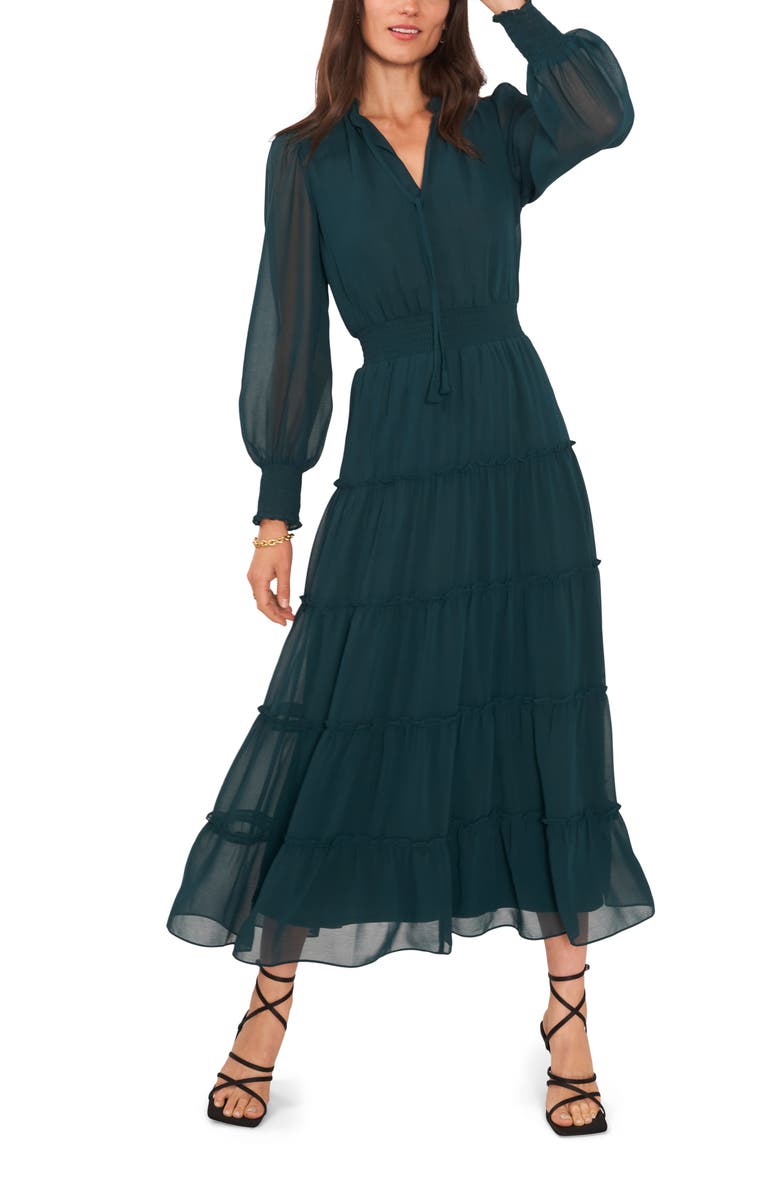 1.STATE Tie Neck Long Sleeve Tiered Maxi Dress, Main, color,